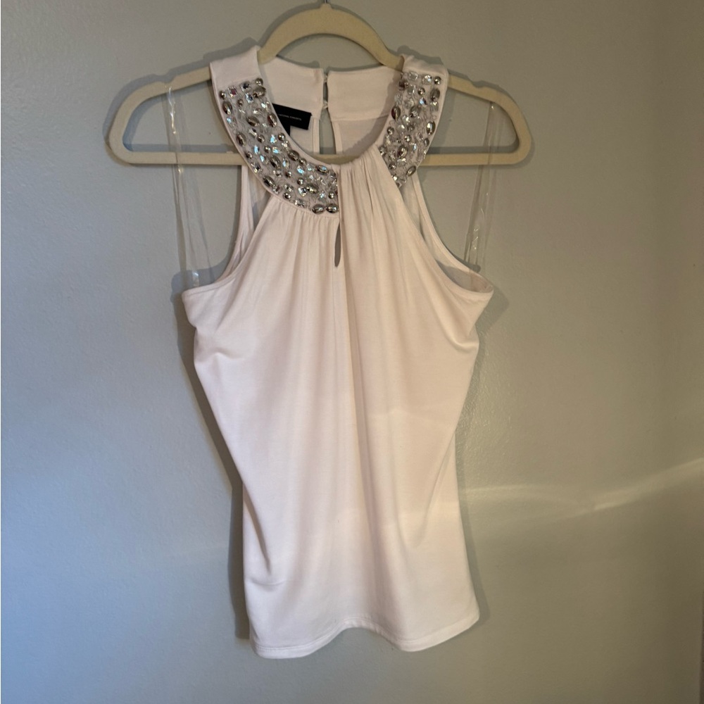 INC White Sleeveless Shirt With Silver & Clear Rhinestones, Womens Medium Top